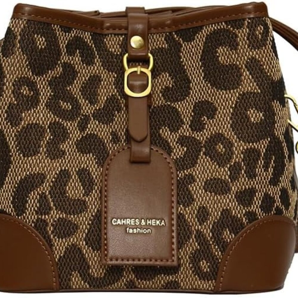 Leopard Print Drawstring Bucket Bag Faux Leather … - image 1
